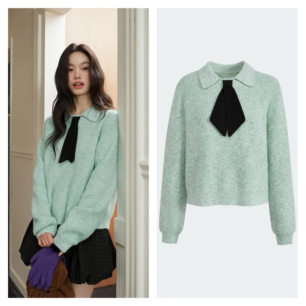 Kuose Teal Decorative Tie Sweater Large Preppy Academia Twee Whimsygoth